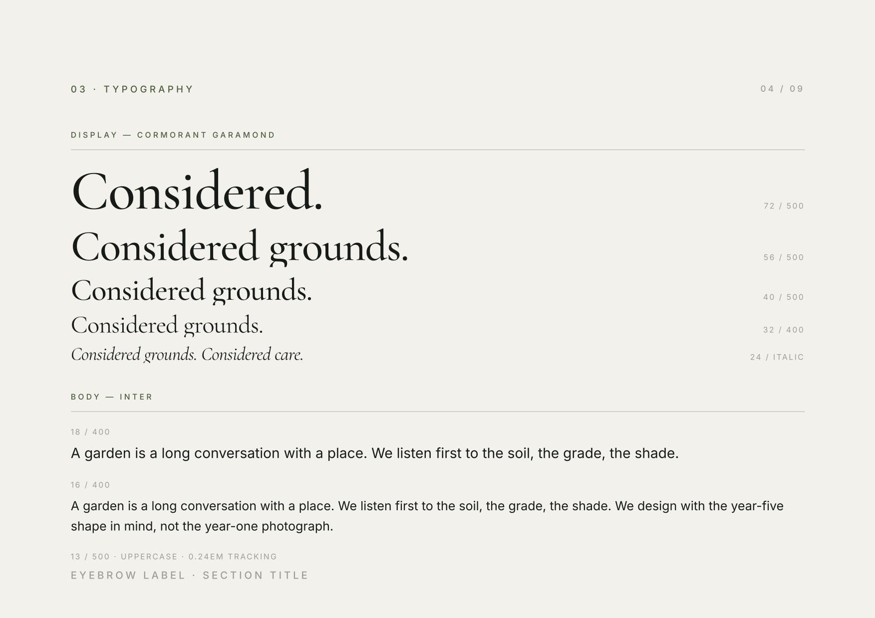 Greene Park brand book typography spread, showing the Cormorant Garamond display type scale and Inter body type used in the brand