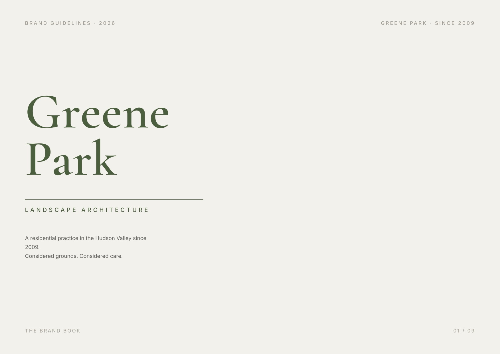 Greene Park brand book cover spread, a cream page reading Greene Park, Landscape Architecture, considered grounds considered care