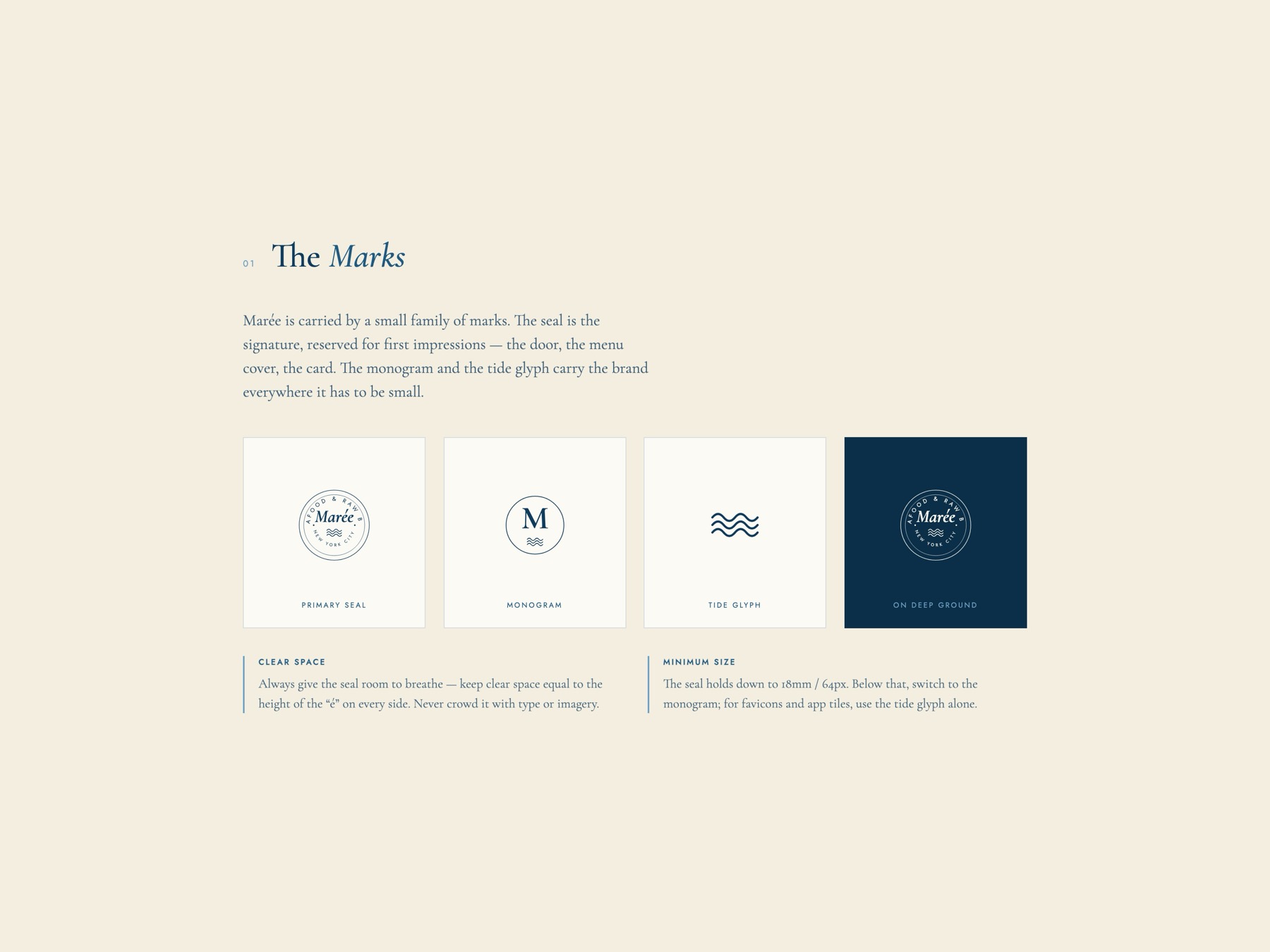 Marée brand guidelines — the marks: seal, monogram, and tide glyph