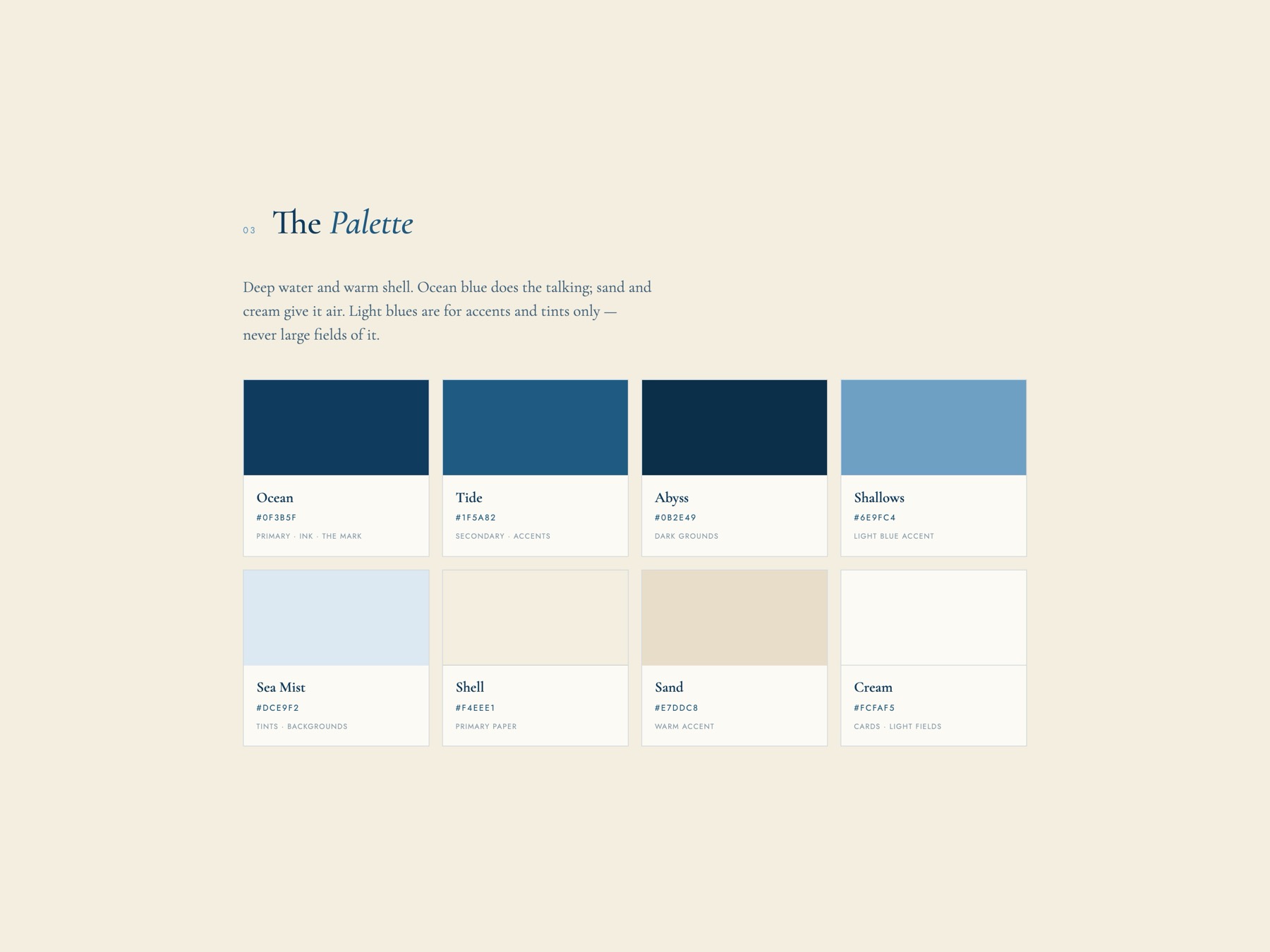 Marée brand guidelines — the palette, ocean blues and warm shell