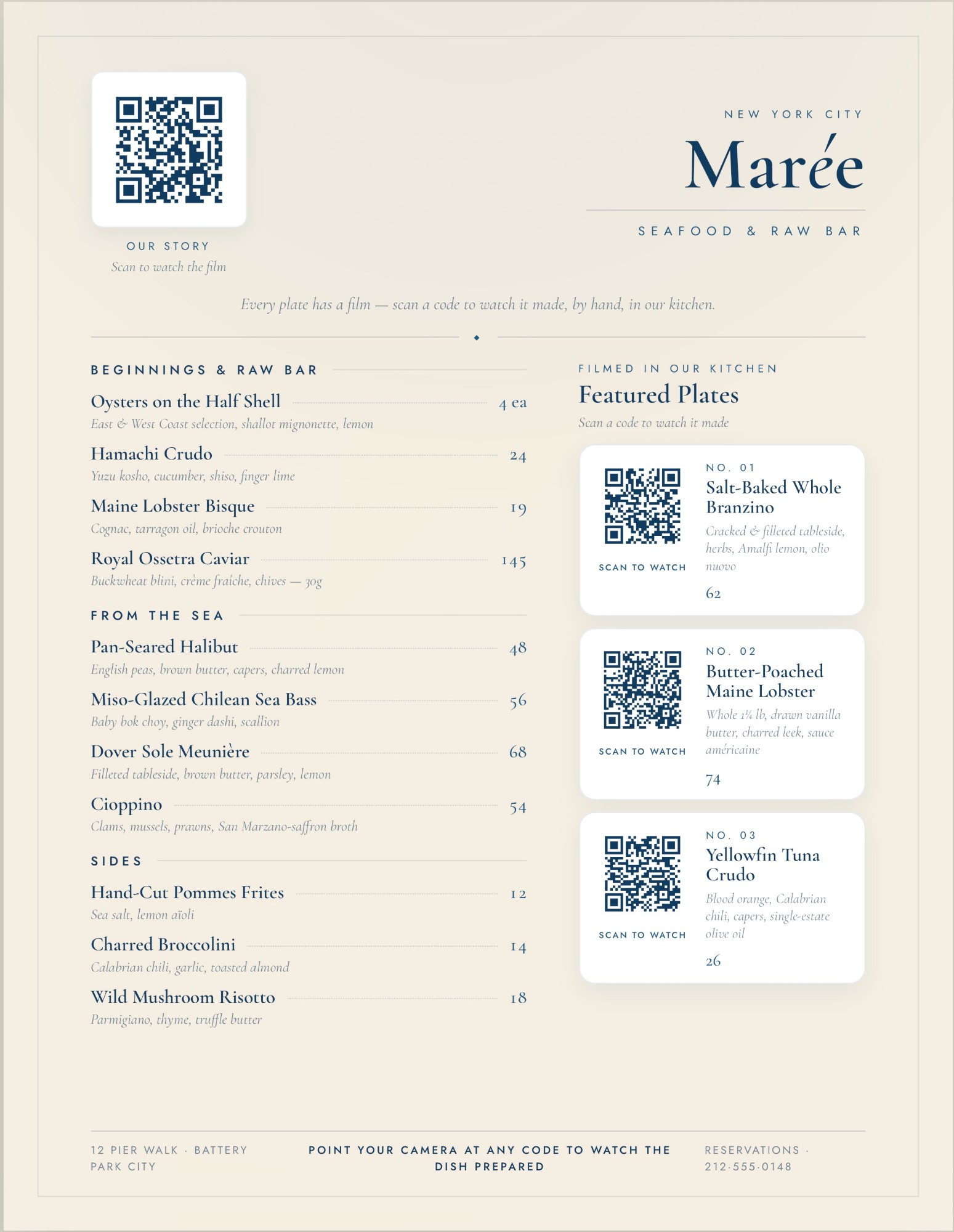 Maree, a seafood restaurant digital menu we designed: every dish carries a QR code to scan and watch it made, from the ocean to the kitchen to the plate.