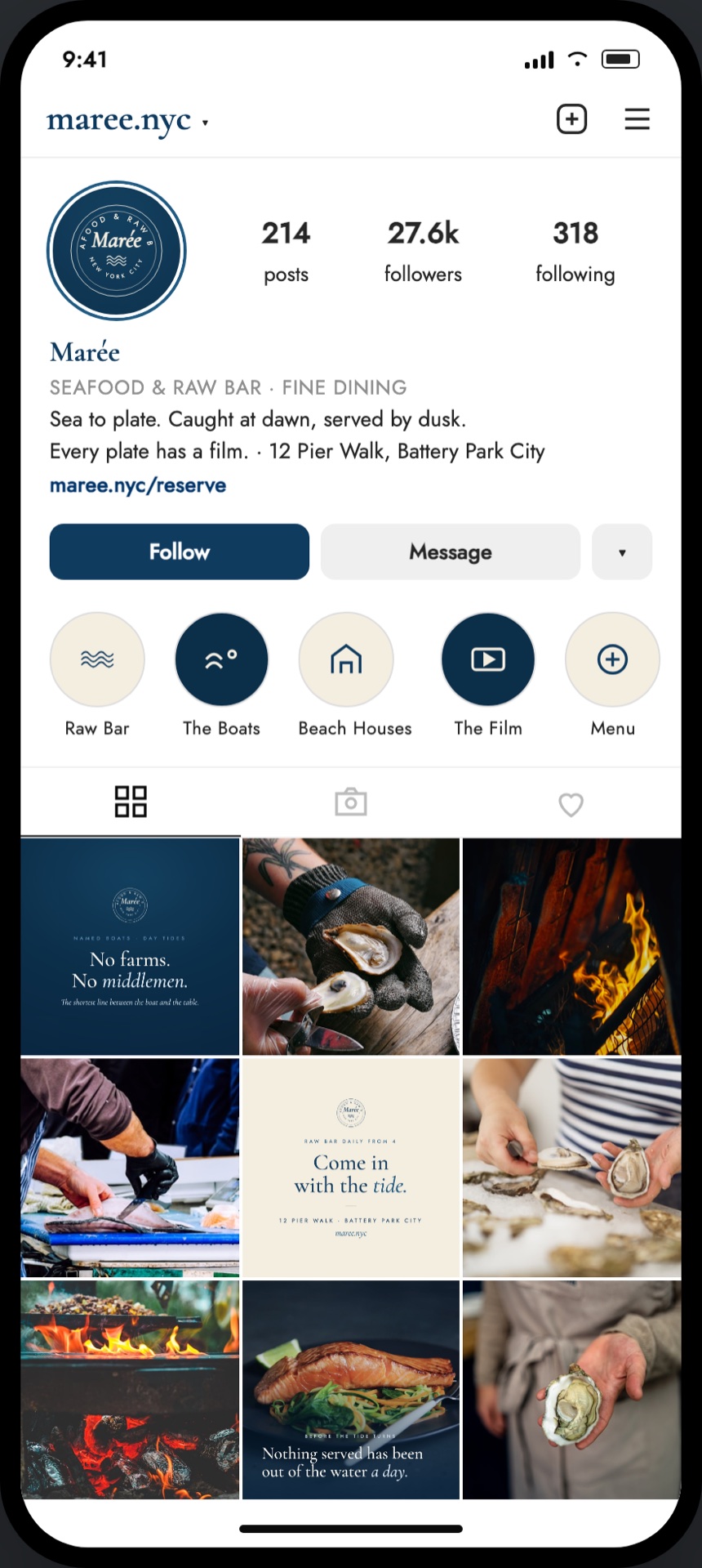 The Marée Instagram profile, showing the seal as the profile photo, five highlight covers, and a nine tile grid